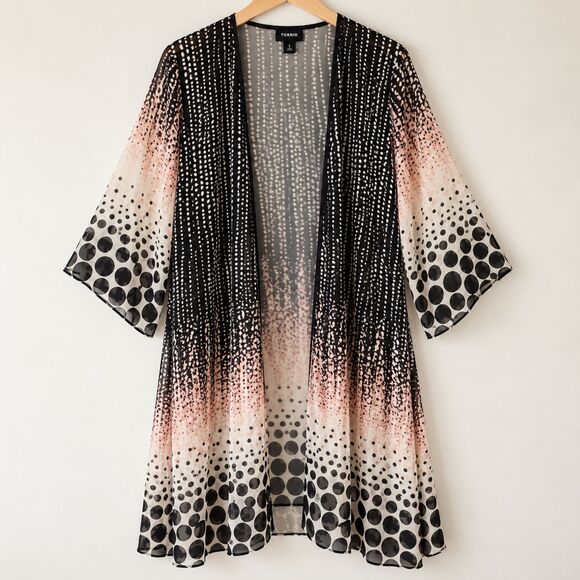 torrid Jackets & Blazers - Torrid Sheer Duster Kimono Size 1 1X Black Polka Dot Open Front Boho